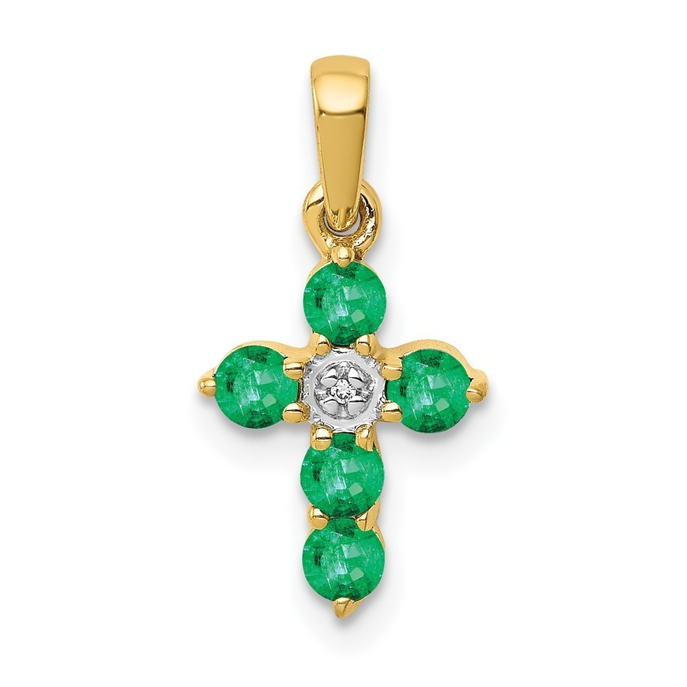 Million Charms 14k Yellow Gold Green Emerald and Diamond Cross Charm Pendant